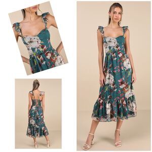 Lulus Jenneth Dress Women's S Teal Midi Ruffled NWOT